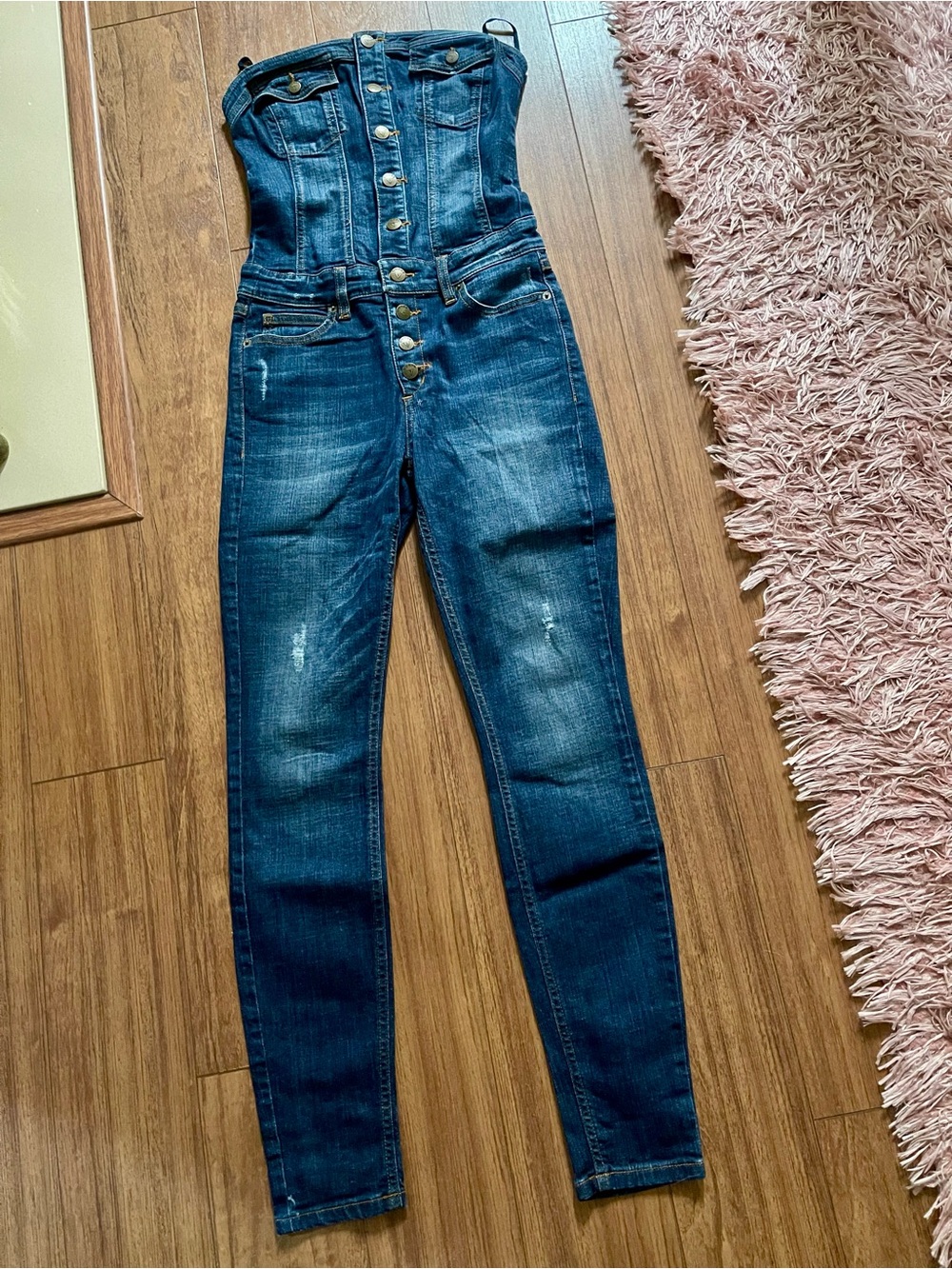 Guess Dark Blue High-Rise Strapless Button-Front Denim Jumpsuit